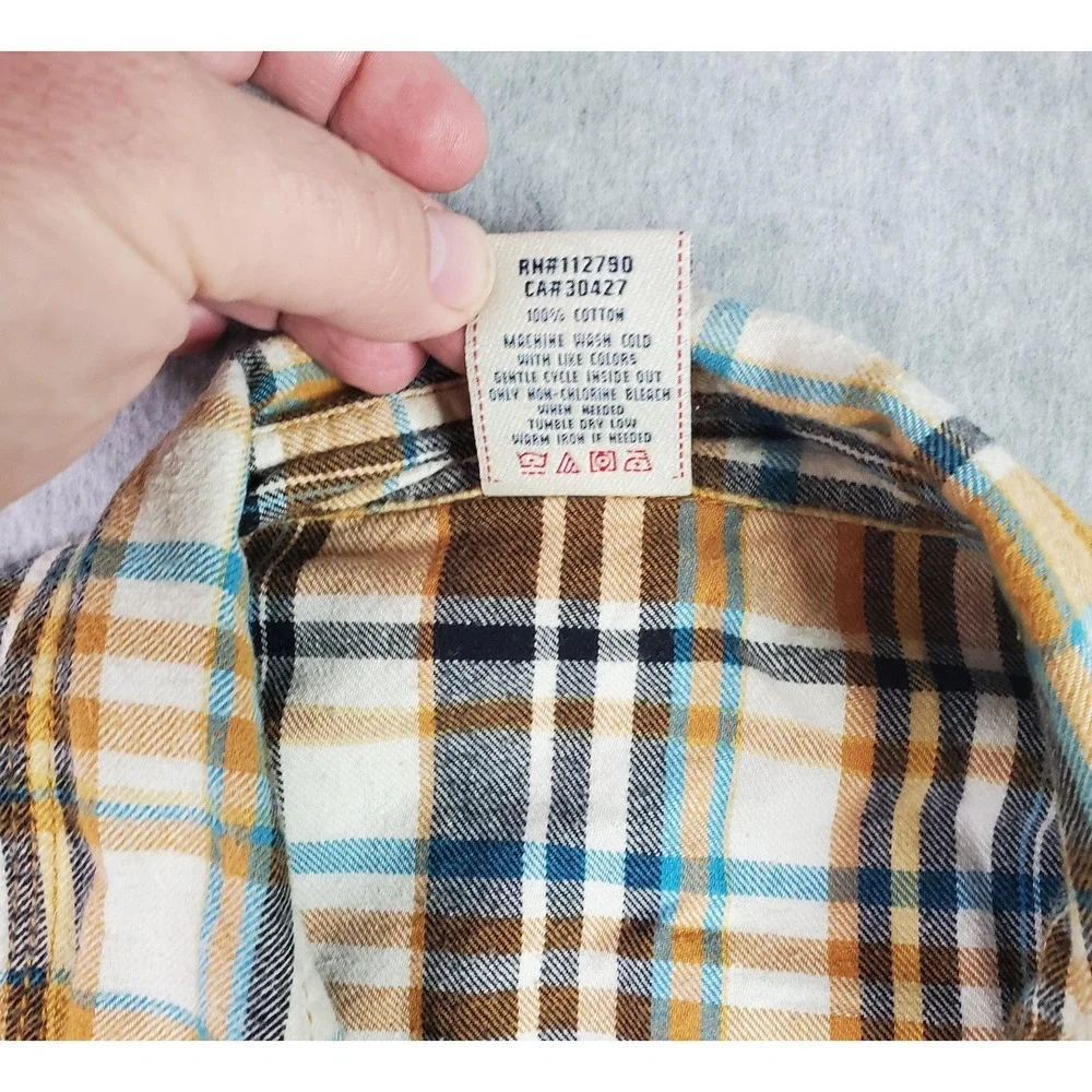 True Religion Shirt Tag Size XXXL Fits 2XL Brown Blue Plaid Pearl Snap Flannel